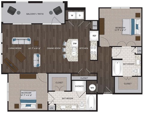 Floor plan for 2 beds, 2 baths, 1300 sqft
